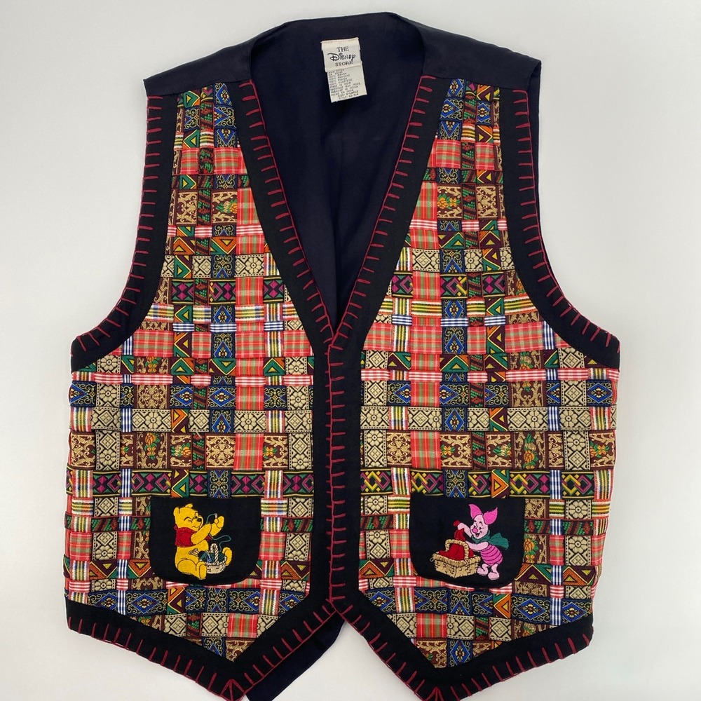 VINTAGE Disney Store Vest Women XL Multi Color Pooh Piglet Tapestry 90s Vest
